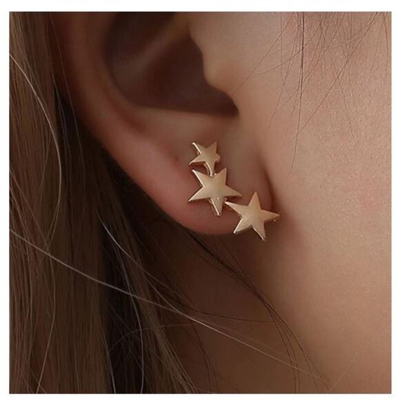 Gold Boho Triple Star Hook Back Earrings - Picture 1 of 3